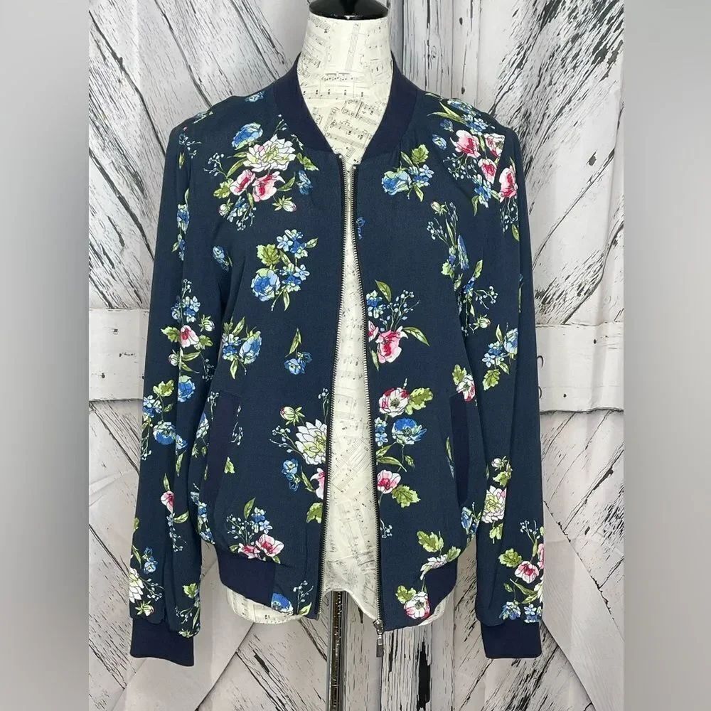 Renuar Jacket Front Zipper Pockets Navy Floral Size S